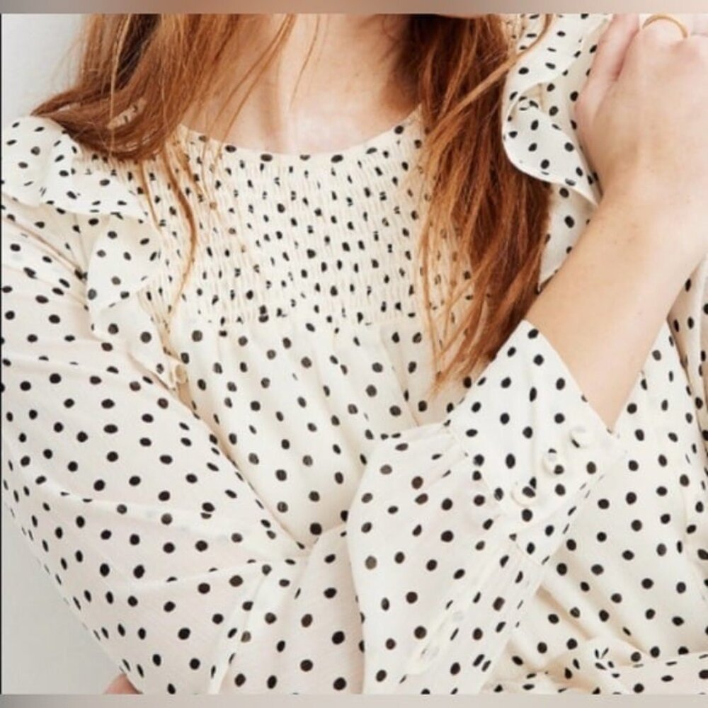 Madewell Smocked Ruffle-Shoulder Crinkled Georgette Midi Dress in Inkbrush Dots - Picture 3 of 12